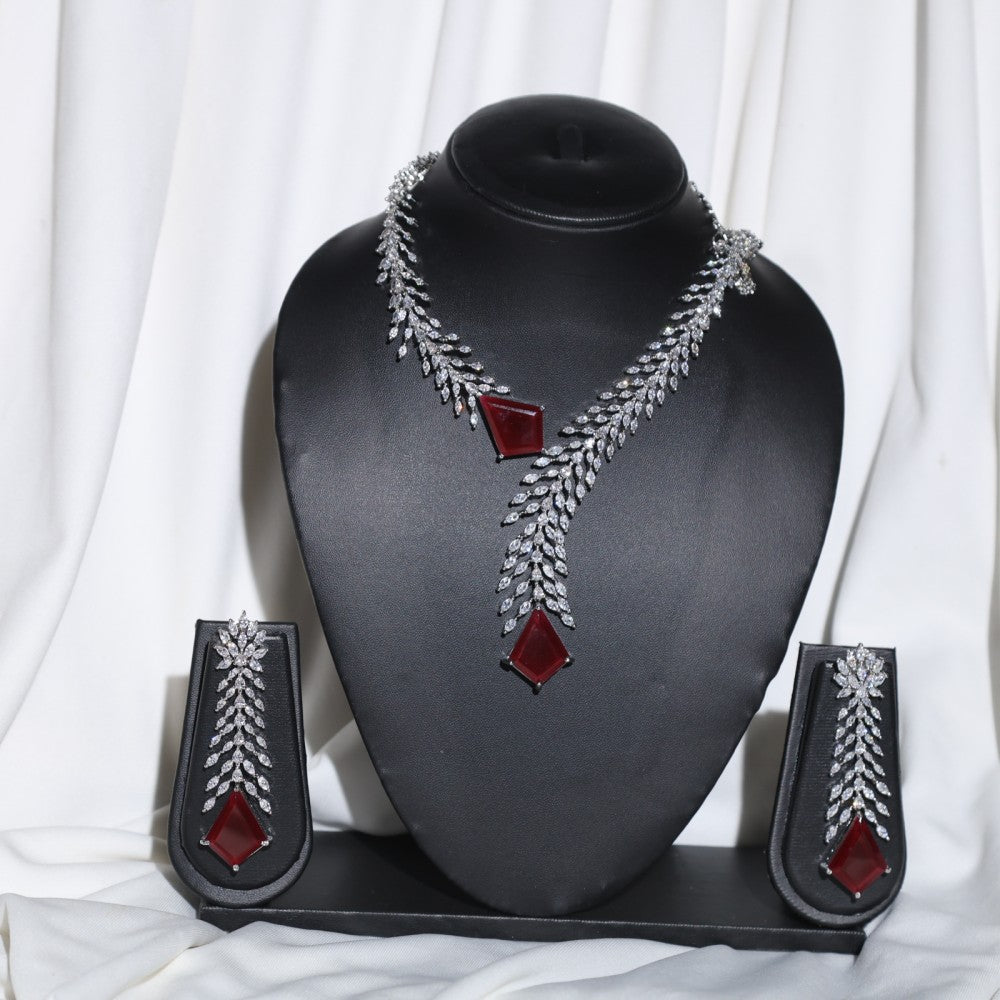 Silver Spark Red American Diamond Necklace – Elegant Jewelry for Pageants and Events