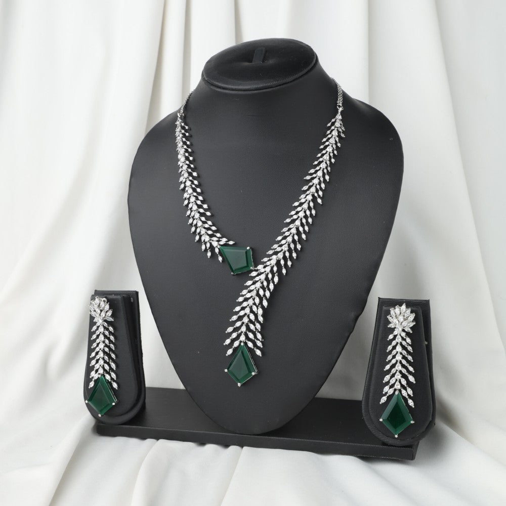 Emerald Shine Silver American Diamond Necklace – Elegant Jewelry for Pageants and Events