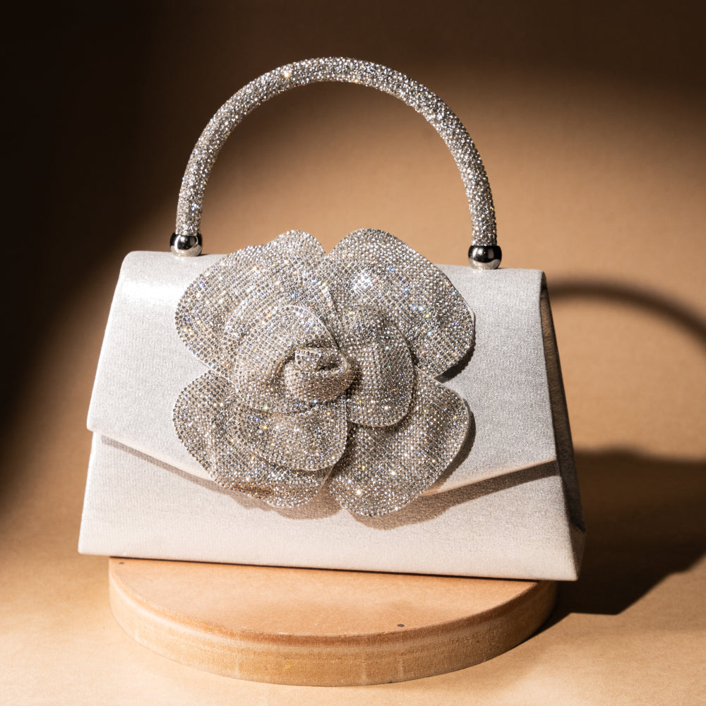 Silver Flower Handheld Bag – Blossom & Shine – Elegant Jewelry for Pageants and Events