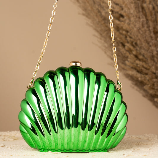 Green Shell Clutch Bag – Nature-Inspired Glam – Elegant Jewelry for Pageants and Events